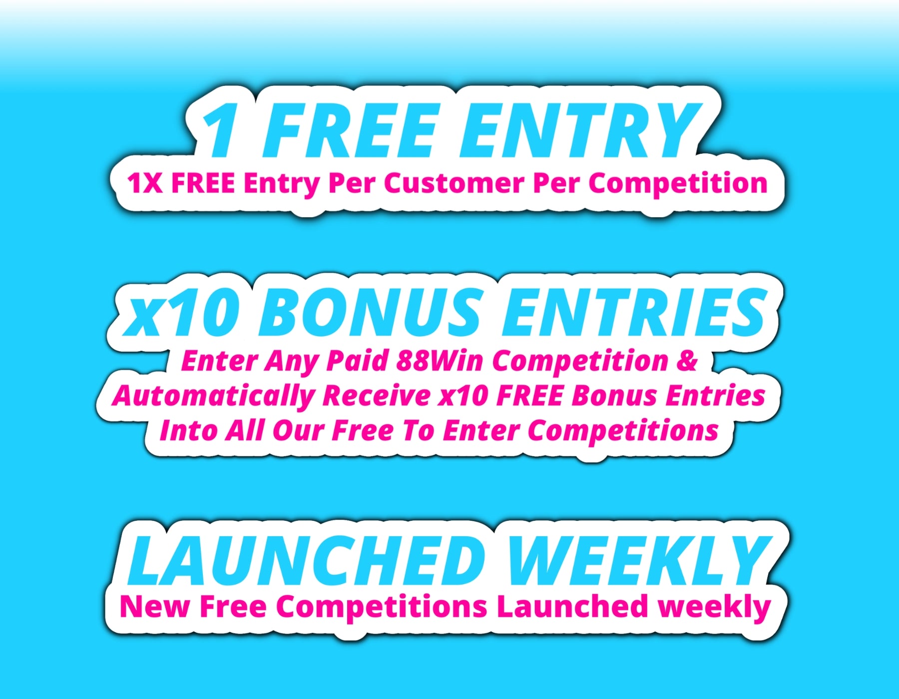 88Win Free to enter competitions info graphic. 1 free entry. x10 bonus entries for paid customers. New competitions launched weekly
